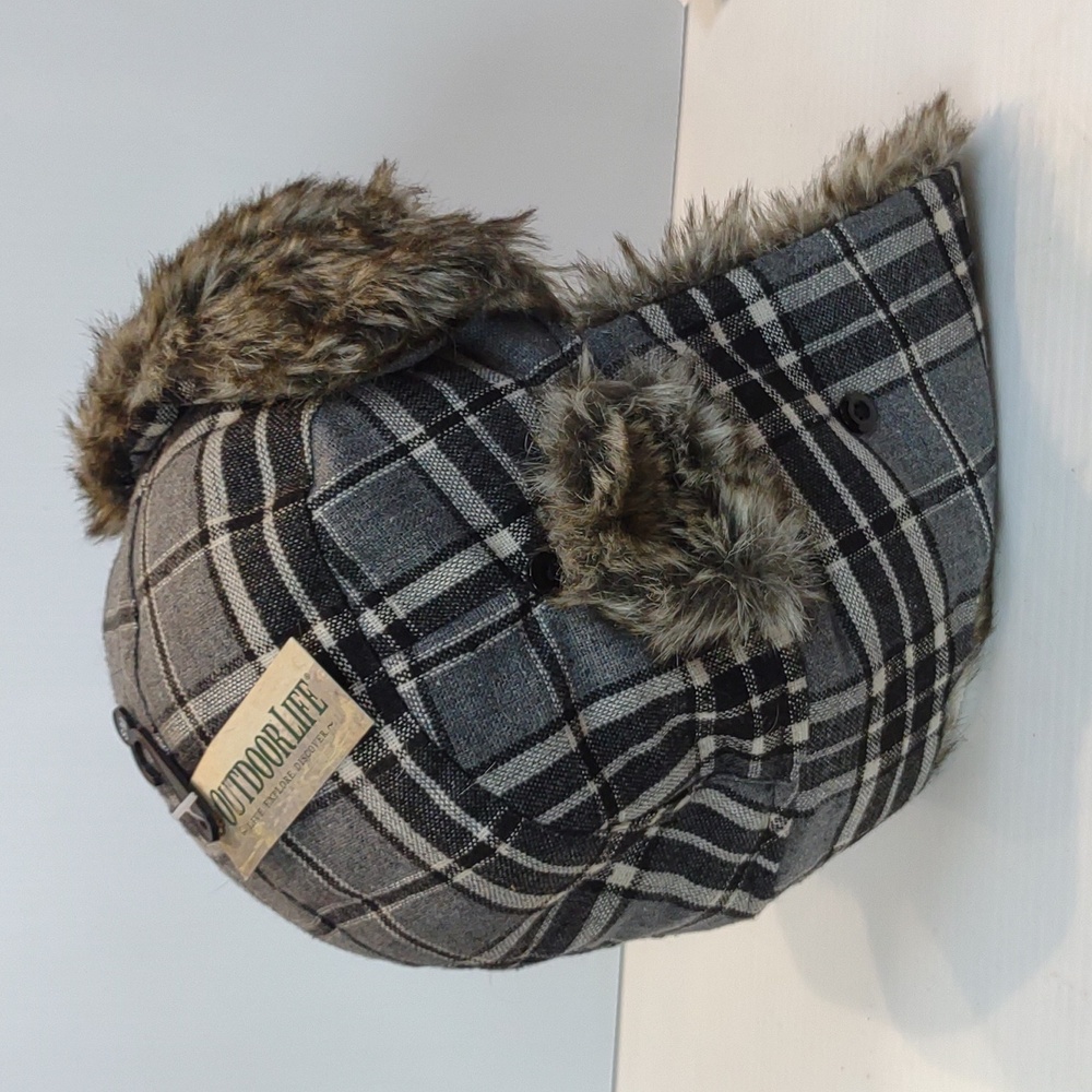 Outdoor Life Black Plaid Faux Fur Trapper Bomber Winter Hat S/M NWT - Picture 3 of 16